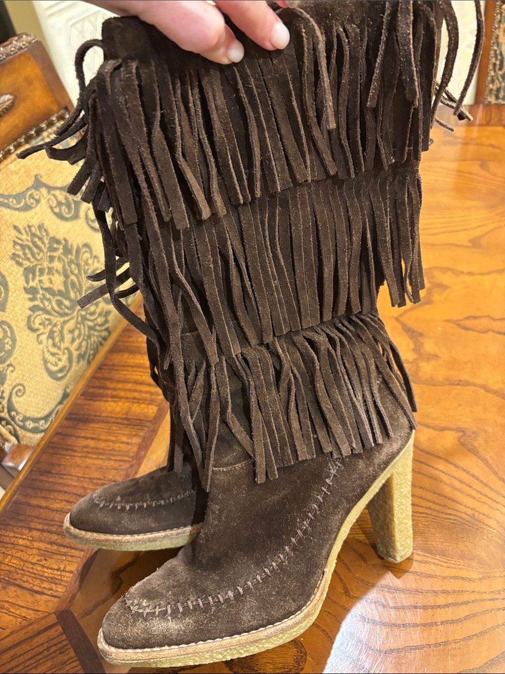 Fringe Suede Mid-Calf Heeled Boots - Brown size 7 Rubber Soles - Picture 6 of 7